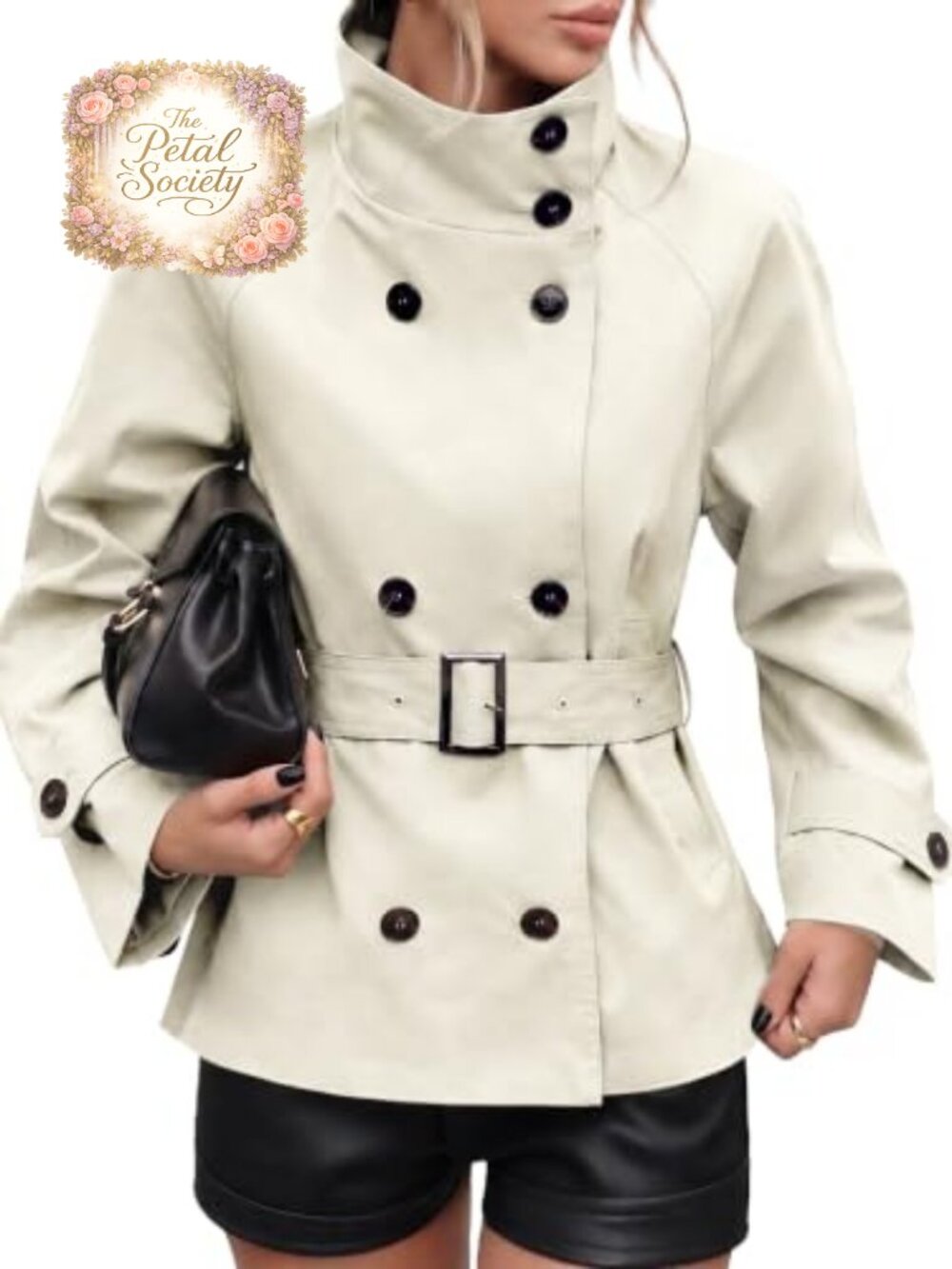 Cropped Trench Coat Funnel Neck Belted Fall Jacket